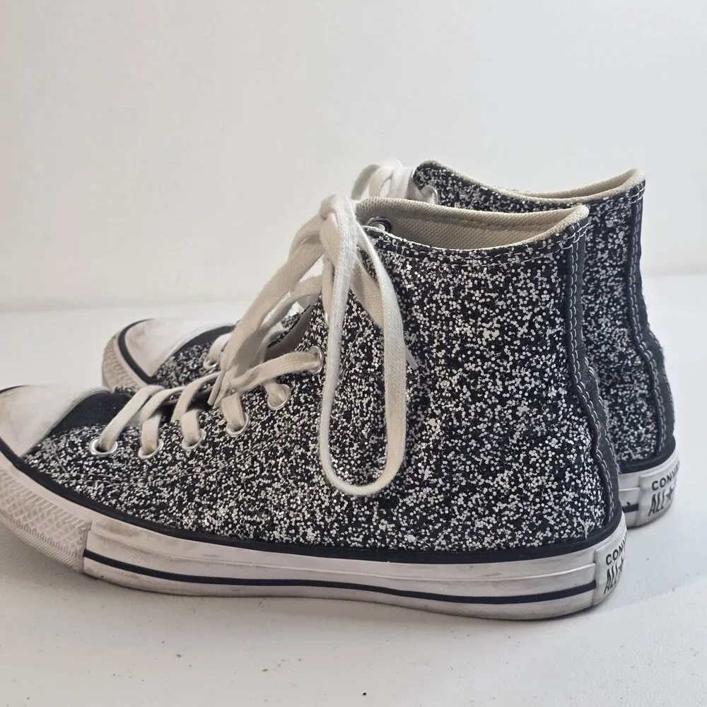 Converse Platform High Top Sneakers Chuck Taylor Glittery Silver Black Womens 9 - Picture 4 of 8